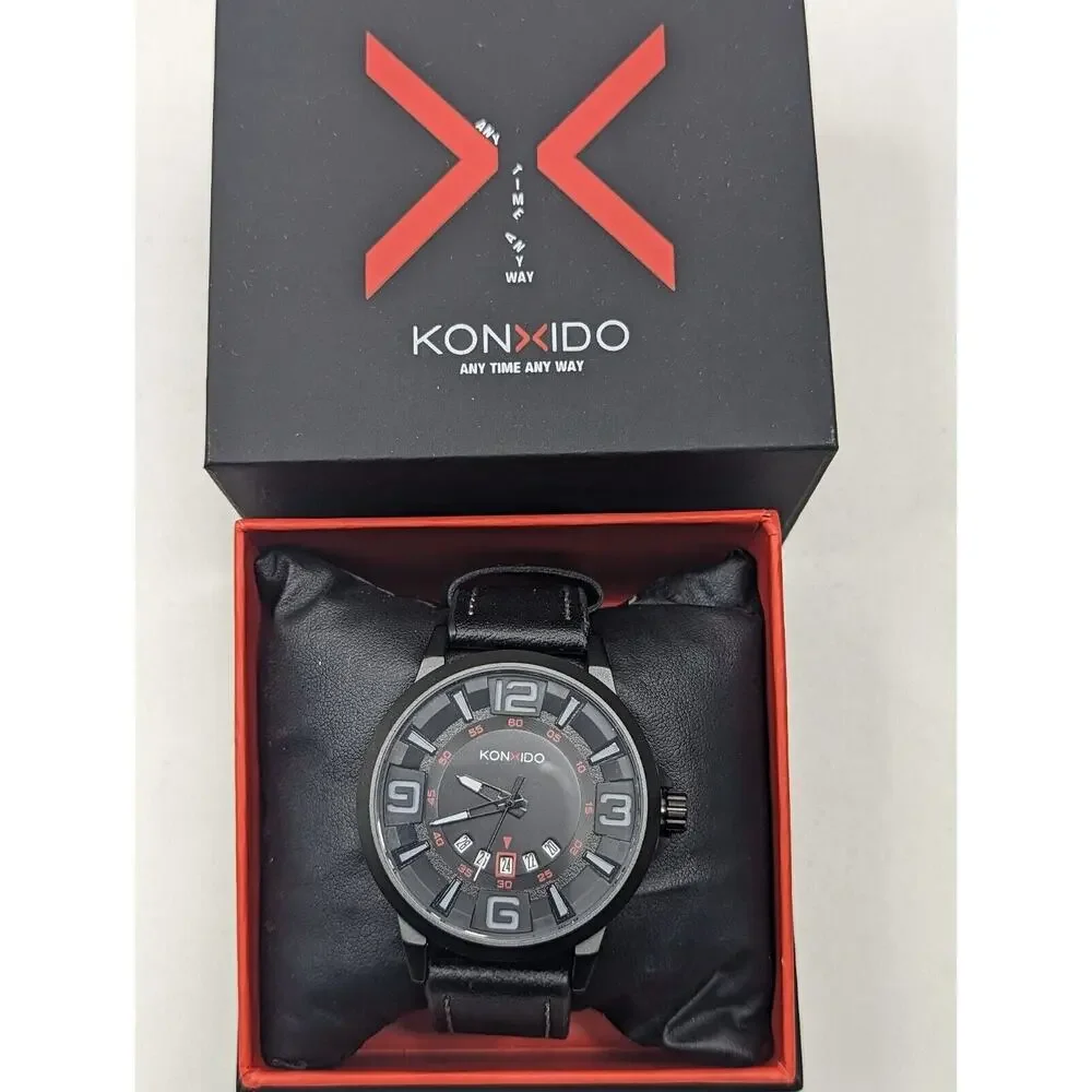 KONXIDO Mens Black Red Accents w/ black Leather Band Analog‎ Quartz Watch KX6331